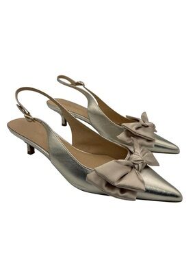 Jack Rogers Debra Slingback Leather Kitten Heel Platinum Bow Sz 10 Coquette